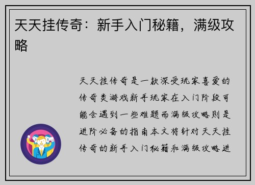天天挂传奇：新手入门秘籍，满级攻略