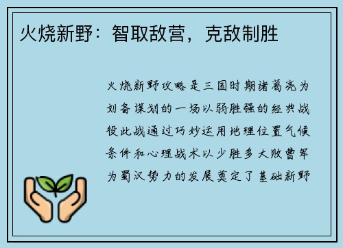 火烧新野：智取敌营，克敌制胜