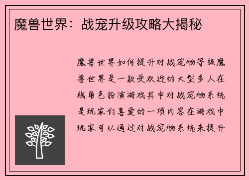 魔兽世界：战宠升级攻略大揭秘